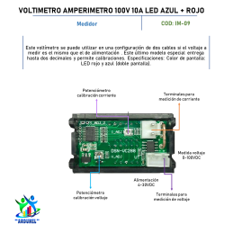 VOLTÍMETRO AMPERÍMETRO 100V 10A LED AZUL + ROJO
